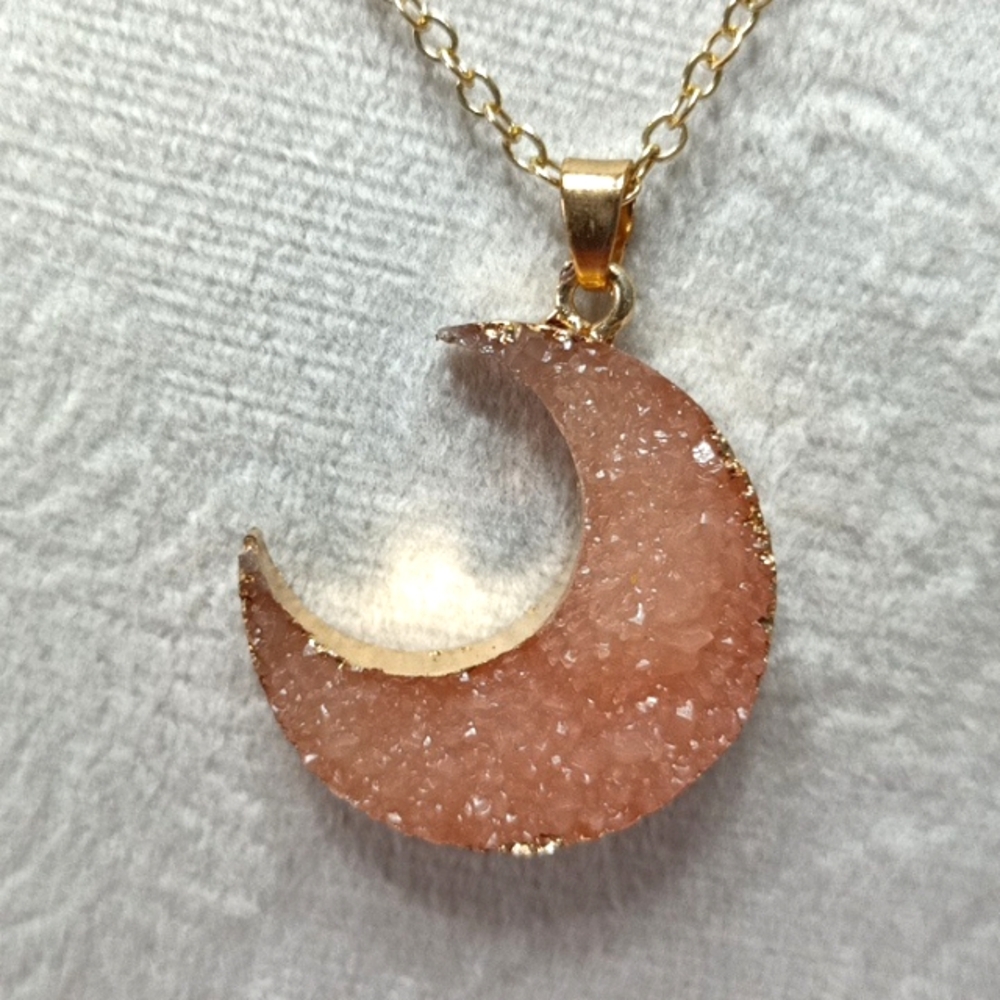 Crescent Moon Druzy Pink Stone Gold Plated Chain Necklace